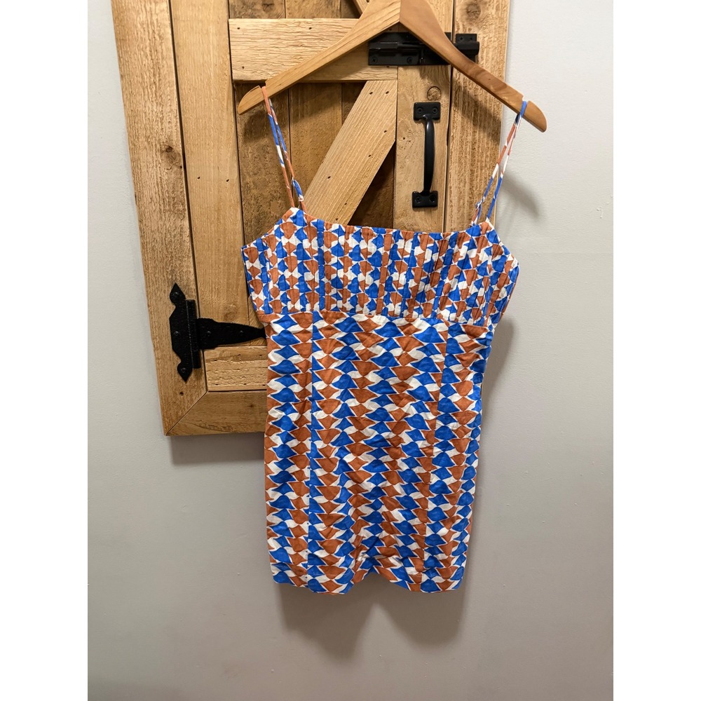 Maeve Anthropologie Ophelia Mini Dress Blue Orange Geometric Linen Blend Size 10 - Picture 5 of 11